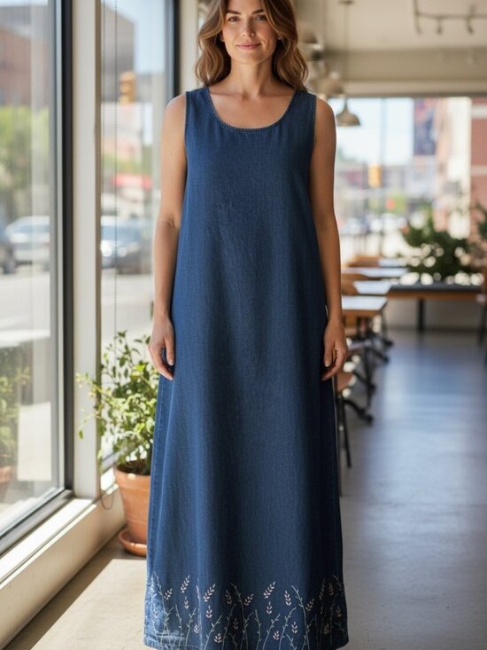 Jane Ashley Dresses & Skirts - Jane Ashley Denim Chambray Maxi Dress M Embroidered Floral Sleeveless Cotton